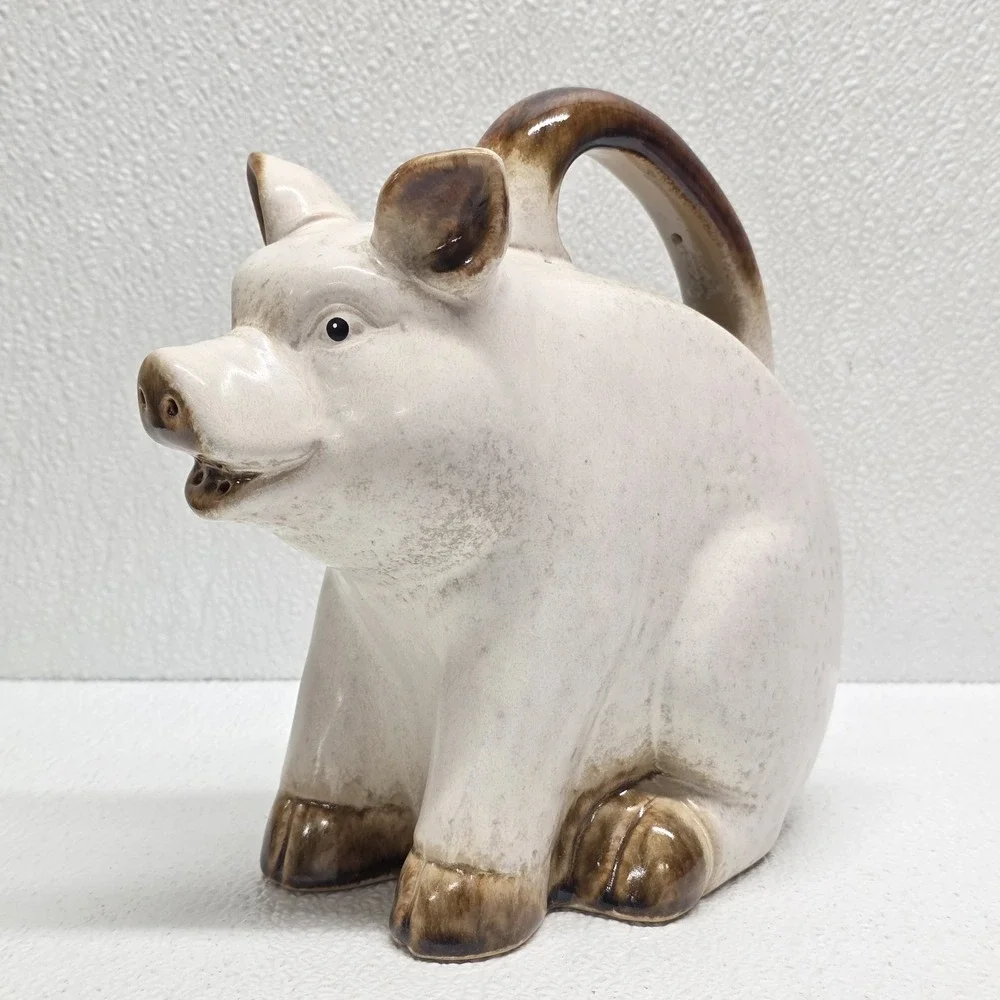 Vintage Ceramic White Pig Pitcher Watering Can Heavy Farm Stoneware